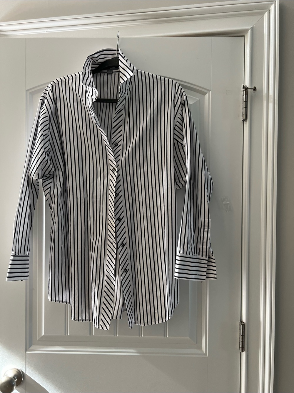 Striped Long-Sleeve Button-Front Blouse in Black and White
